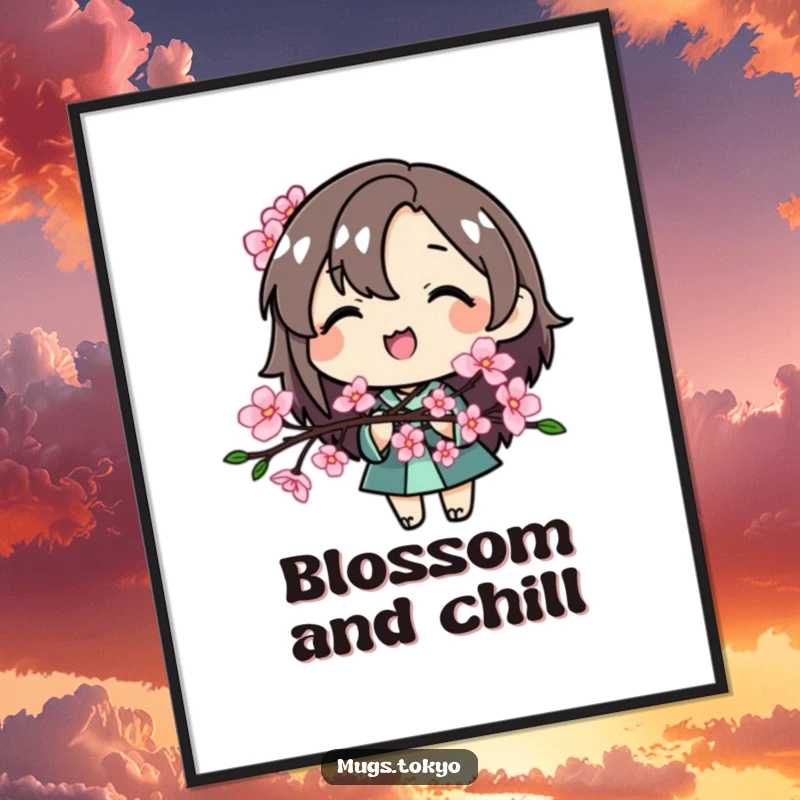 Funny Cherry Blossom Character Digital Art Print, a smiling character holding a stylized cherry blossom branch, for instant decor.