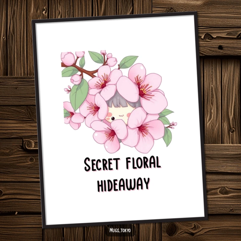 Funny digital art print of a playful character peeking from behind a stylized cherry blossom, bringing spring cheer instantly.