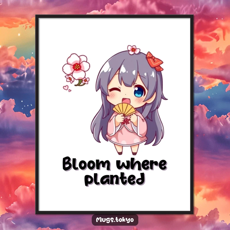 Funny cherry blossom fan digital art print of a cute character energetically waving a fan covered in delicate cherry blossoms, adding spring joy.