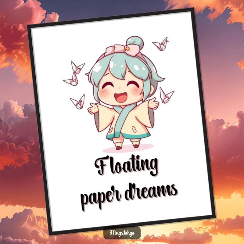 Funny digital art print of a character with a wide smile, skillfully juggling a delightful array of small, colorful origami cranes.