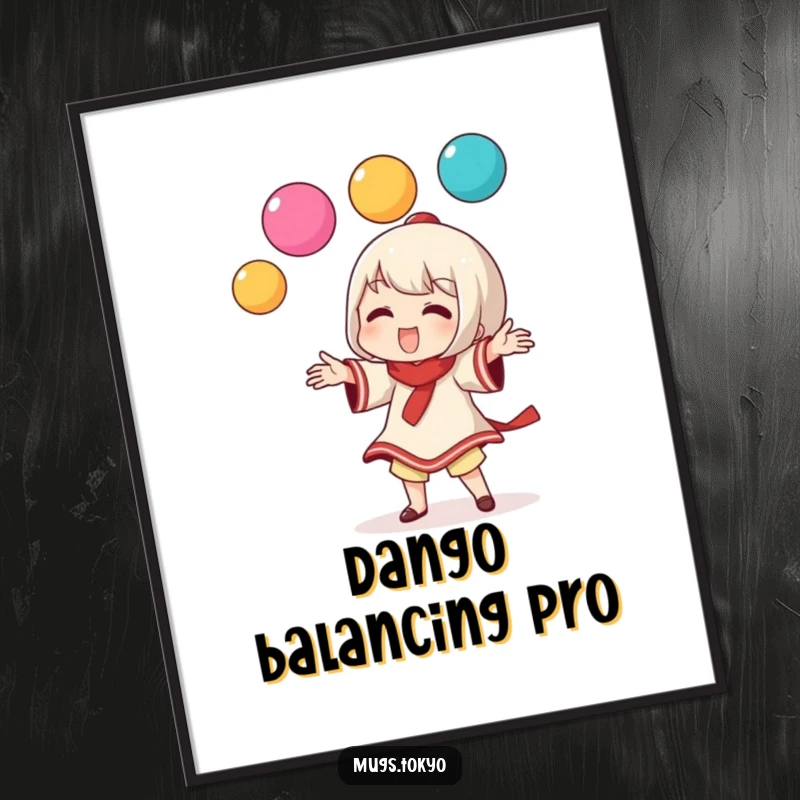 Funny digital art print of a character playfully juggling three colorful dango balls, showcasing whimsical skill.