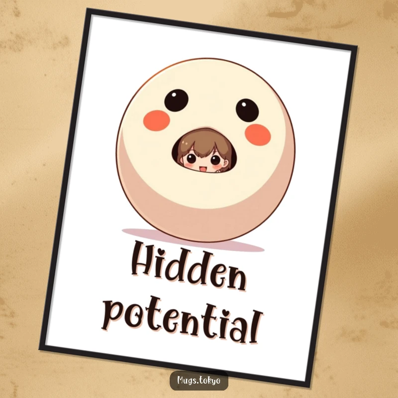 Funny Digital Art Print of a character peeking from behind a giant Daruma doll, for instant humorous luck.