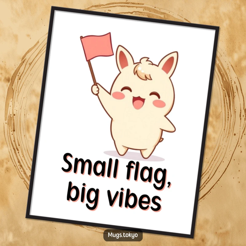 Funny digital art print of an excited character enthusiastically waving a small paper flag with a charming design, symbolizing pure, cheerful delight.