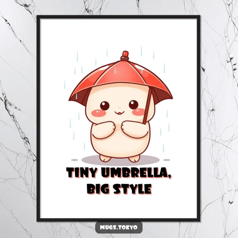 Funny digital art print of a cute dumpling character with a tiny red umbrella, peeking from a downpour, charming and whimsical decor.
