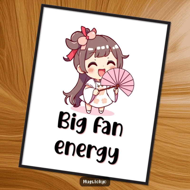 Funny digital illustration of an excited character with a huge smile, energetically waving an oversized fan for a cool effect.