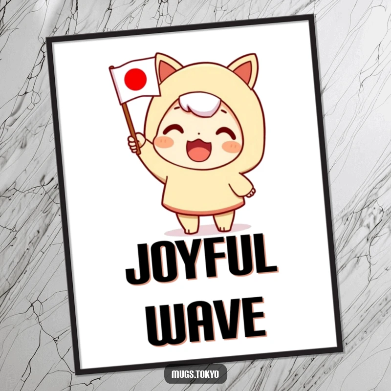 Funny digital art print of a character enthusiastically waving a Japanese flag, bringing patriotic charm and humor.