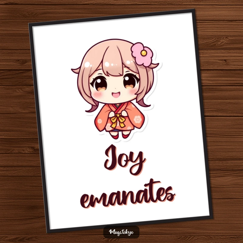 Funny digital art print of a cute character in a kimono, wide eyes, and a broad, happy smile. Instant downloadable joy.