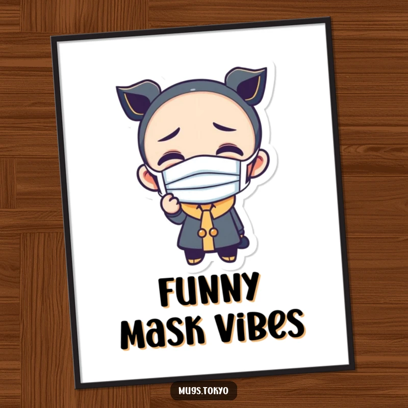Funny digital art print of a character wearing a tiny mask and making a hilarious, funny face.