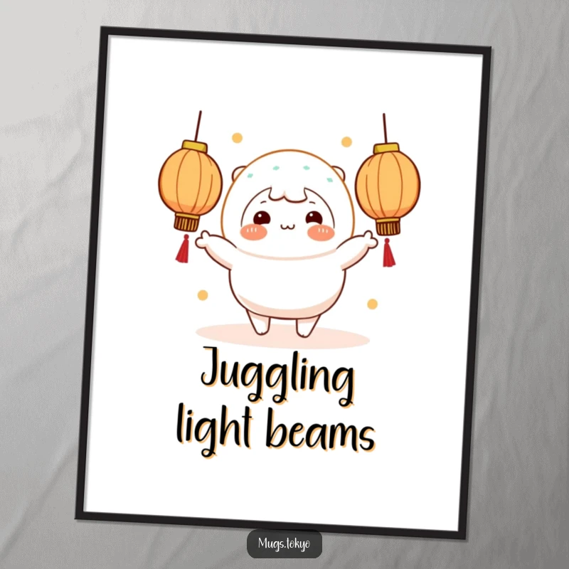 Funny cheerful mochi character juggling glowing lanterns, offered as an instant digital art download.