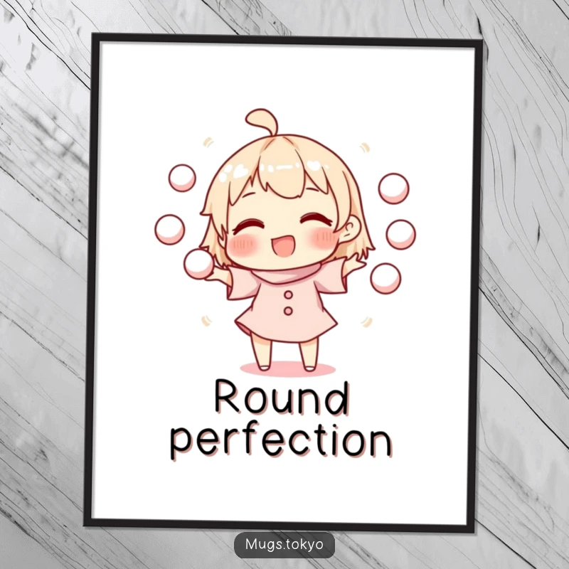 Funny digital art print of a character gleefully juggling mochi balls, ready to be printed and displayed for instant cheer.