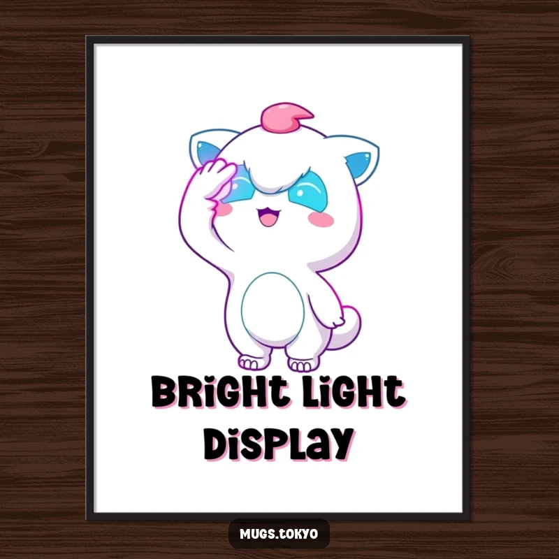 Funny Neon City Print: A character shields its eyes from bright neon lights, creating a humorous and vibrant piece of digital art.
