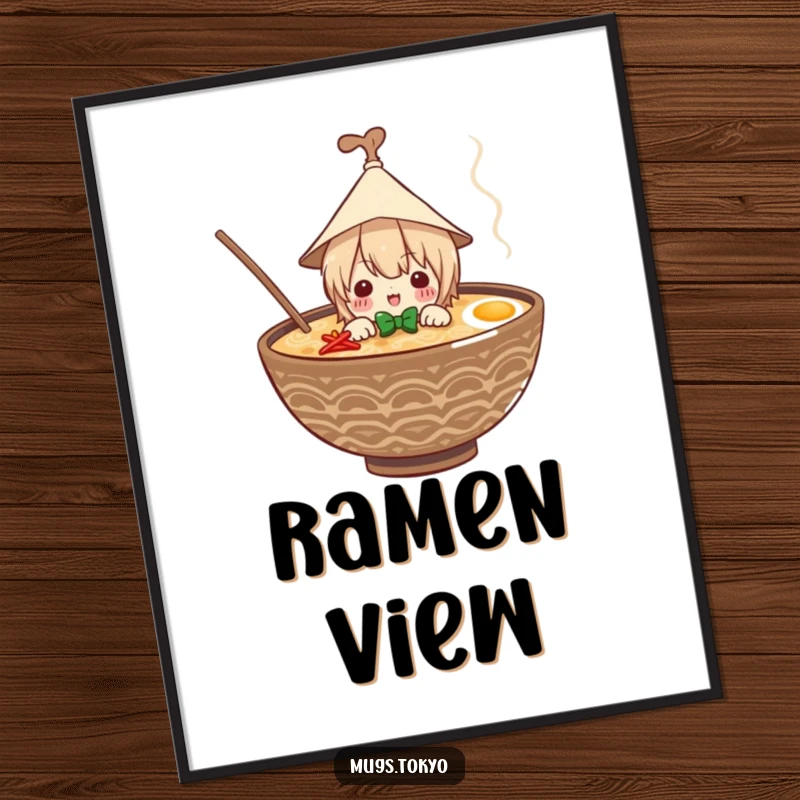Funny digital art print of a character in a paper hat peeking from a ramen bowl, bringing noodle charm and humor.