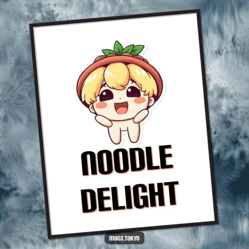 Funny digital art print of a character wearing a ramen bowl hat, beaming with delight. Instant downloadable foodie fun.