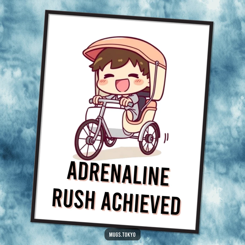 Funny digital art of a giggling character pedaling a tiny rickshaw furiously downhill, capturing exhilarating speed and wild fun.