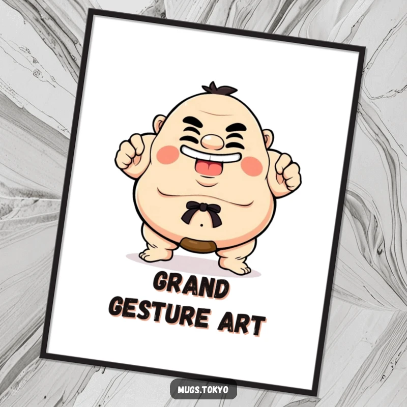 Funny Digital Art Print of a proud sumo wrestler character with an epic, hilarious grin, perfect for instant humorous wall decor.