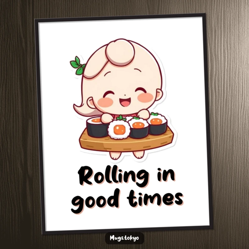 Funny Digital Art Print: A smiling character humorously balances a tray of sushi, offering a delightful and comedic visual.