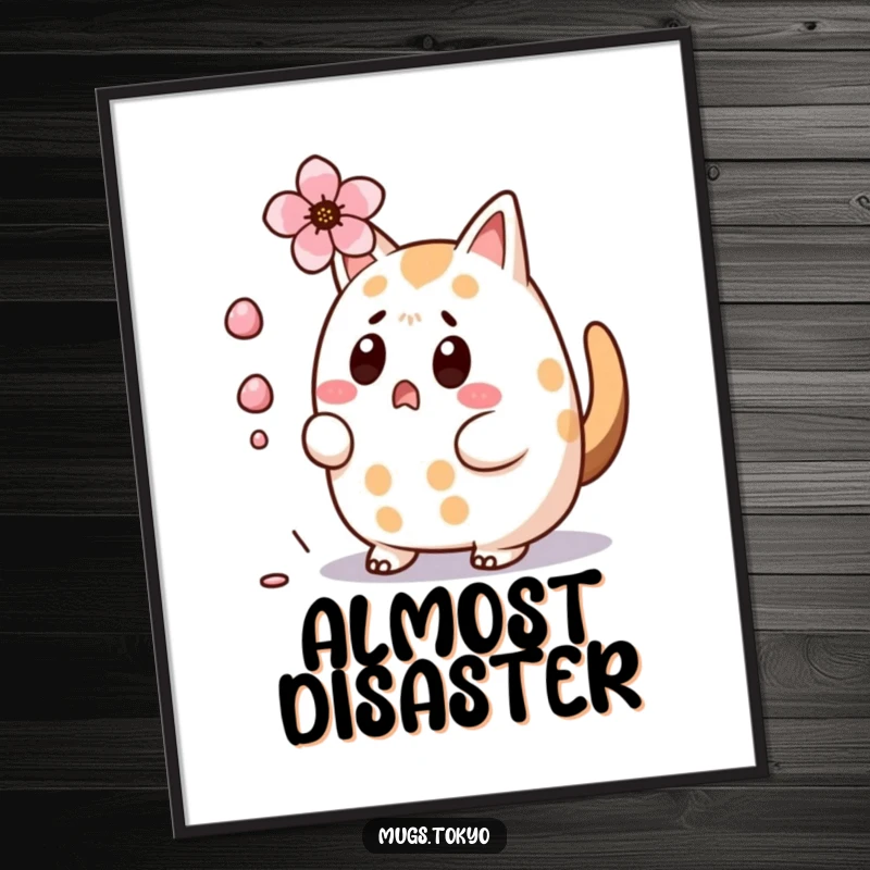 Funny Taiyaki Digital Art Print: Surprised character, tail wagging, dodging a falling cherry blossom, instant wall decor.