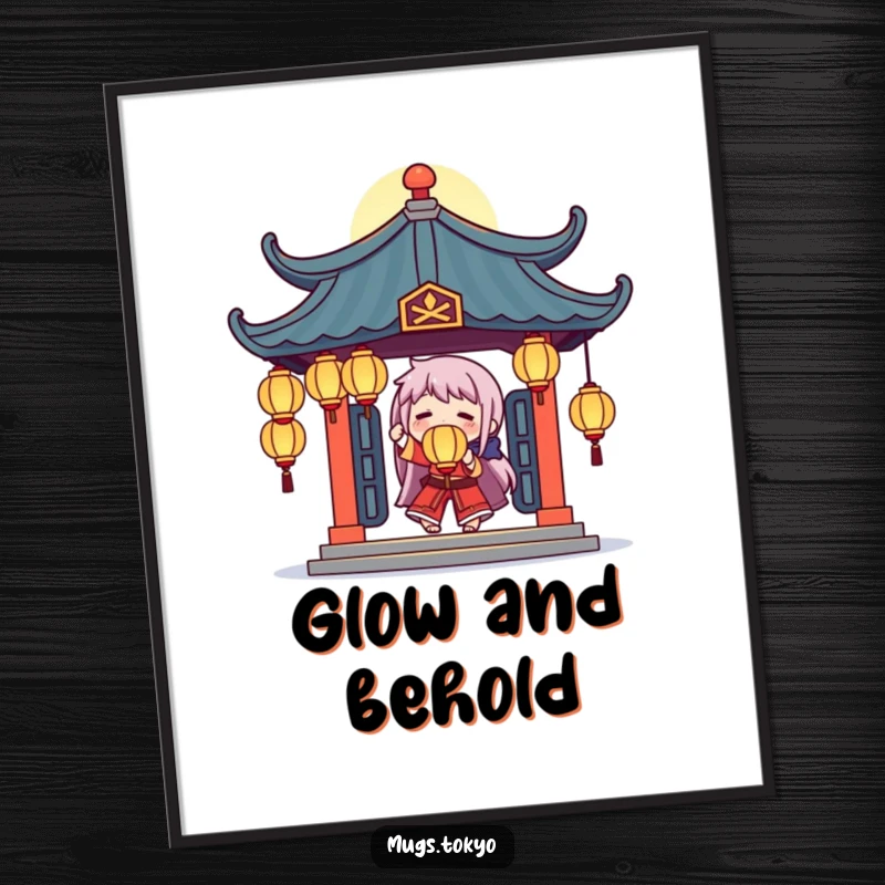 Funny digital artwork of a character artistically juggling bright glowing lanterns beneath a stylized temple roof, full of wonder.