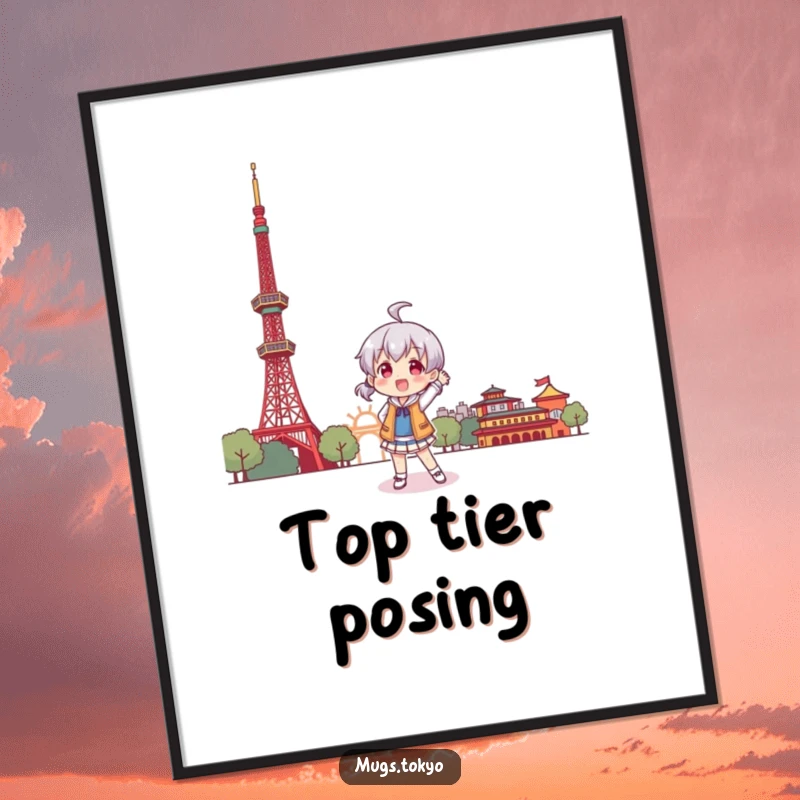 Funny digital art print of a character playfully posing before a stylized Tokyo Tower, perfect for vibrant decor.