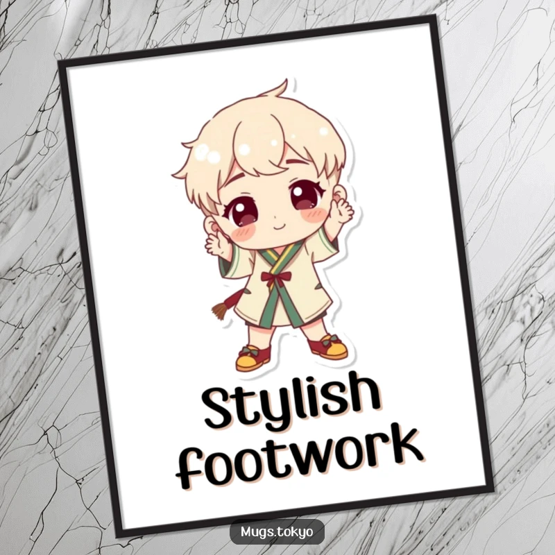 Funny character wearing traditional footwear striking a playful pose, designed as a printable digital art piece for instant decor.