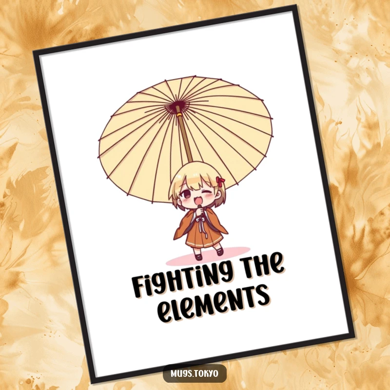 Funny umbrella struggle digital art print, a character comically fighting a giant Japanese umbrella, ready for instant download.