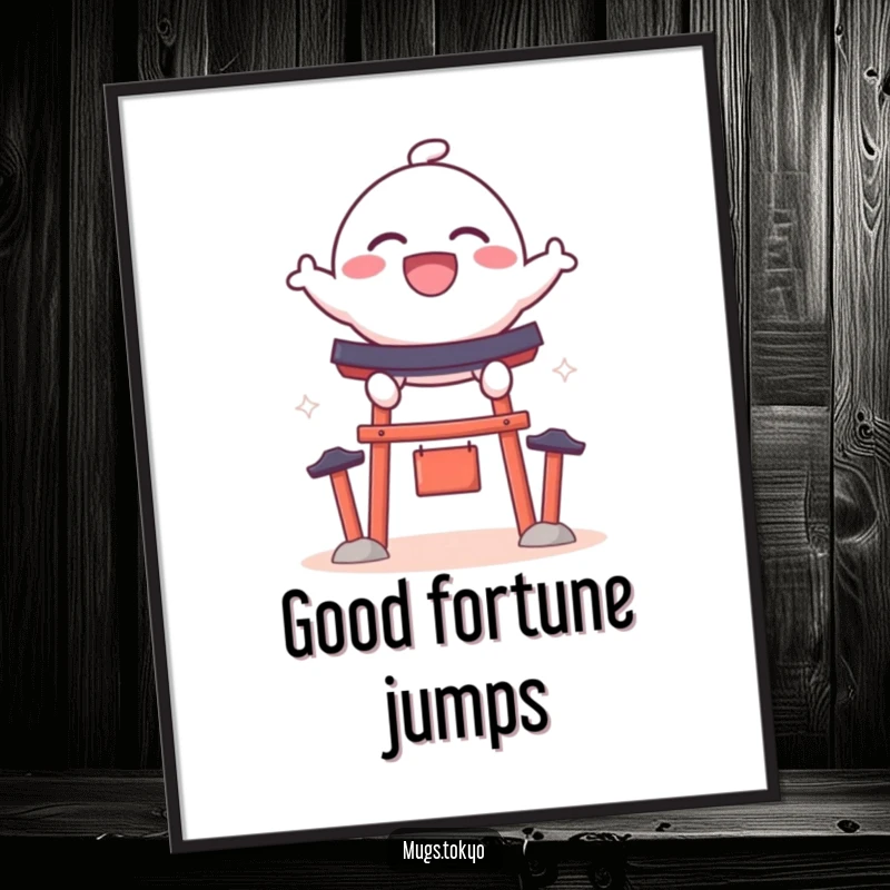 Funny digital art print of a bouncy dango character with a wide grin, leaping over a miniature shrine gate, for instant decor.
