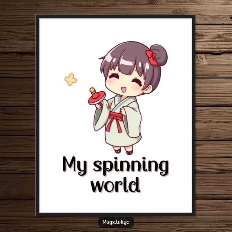 Funny yukata spinner digital art print, a character in a yukata gleefully spinning a top, ready for instant download.