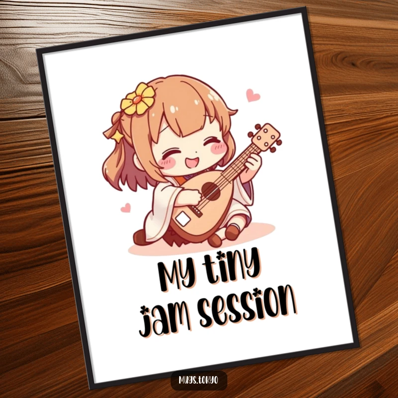 Funny shamisen player digital art print, a character joyfully playing a miniature shamisen, ready for instant download and display.