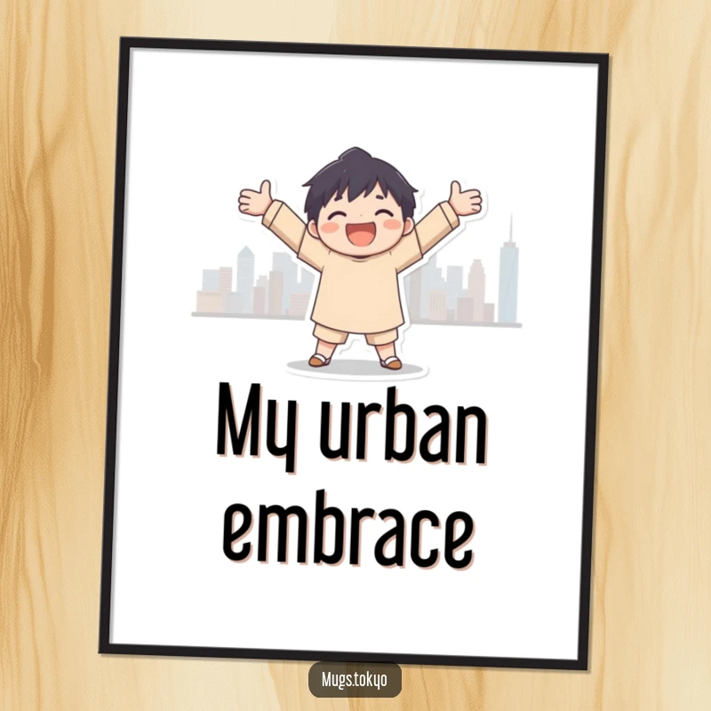 Funny city embrace digital art print, a character joyfully embracing a city skyline silhouette, ready for instant download.