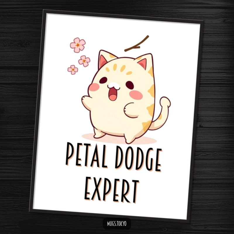 Funny digital art print of a surprised taiyaki character with wagging tail, narrowly missing a falling cherry blossom, humorous wall decor.