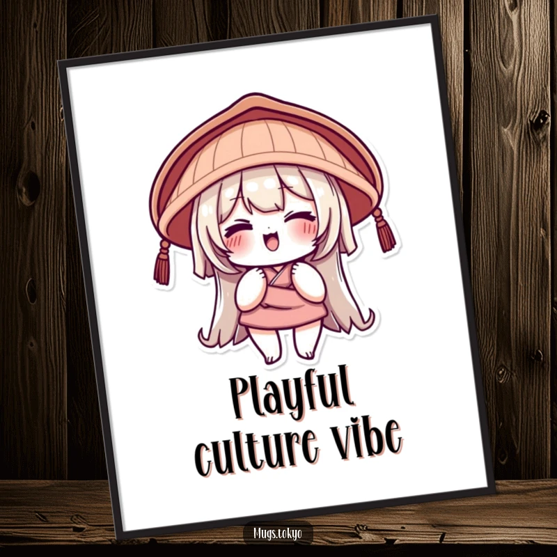 Funny Digital Art Print of a character in a traditional Japanese hat with a playful wink, perfect for instant playful and humorous decor.