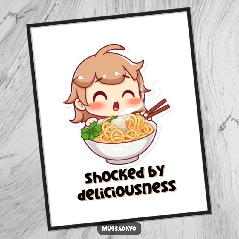 Funny digital art print of a character with a surprised expression looking at a steaming bowl of noodles, perfect for instantly adding foodie charm and humor.