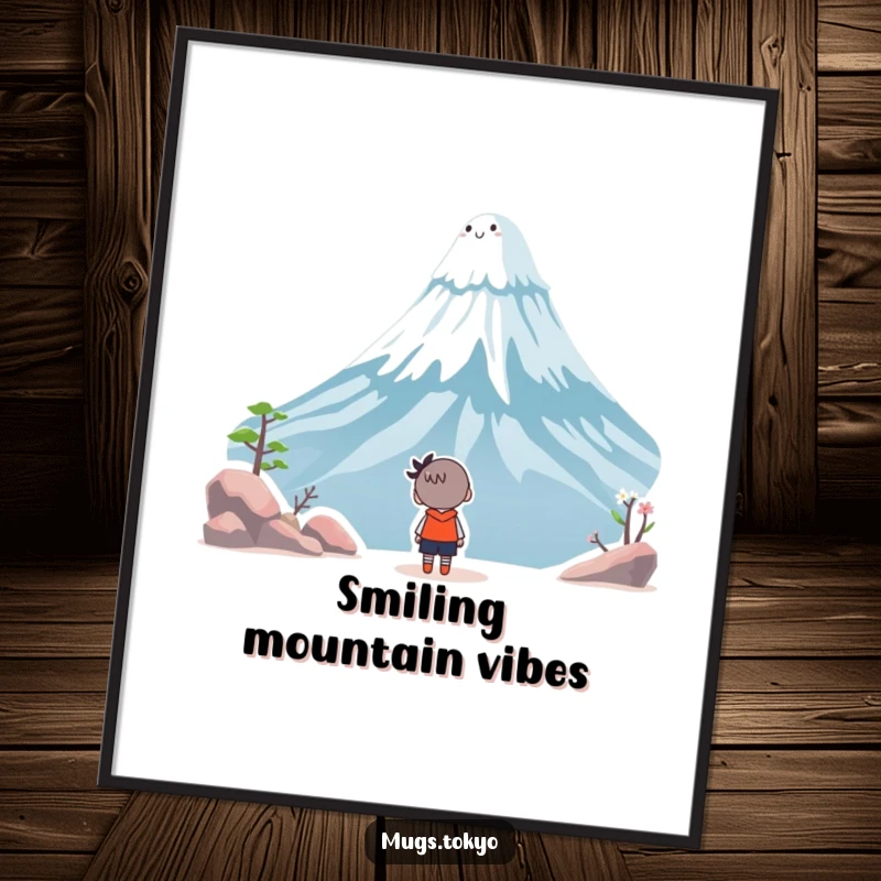 Funny digital art print of a character looking up in amazement at a cheerful, smiling Mount Fuji, evoking wonder and joy.