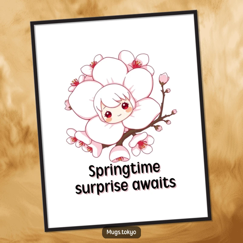 Funny digital art print of a playful character peeking from behind a large, stylized cherry blossom, capturing a moment of sweet, humorous surprise.