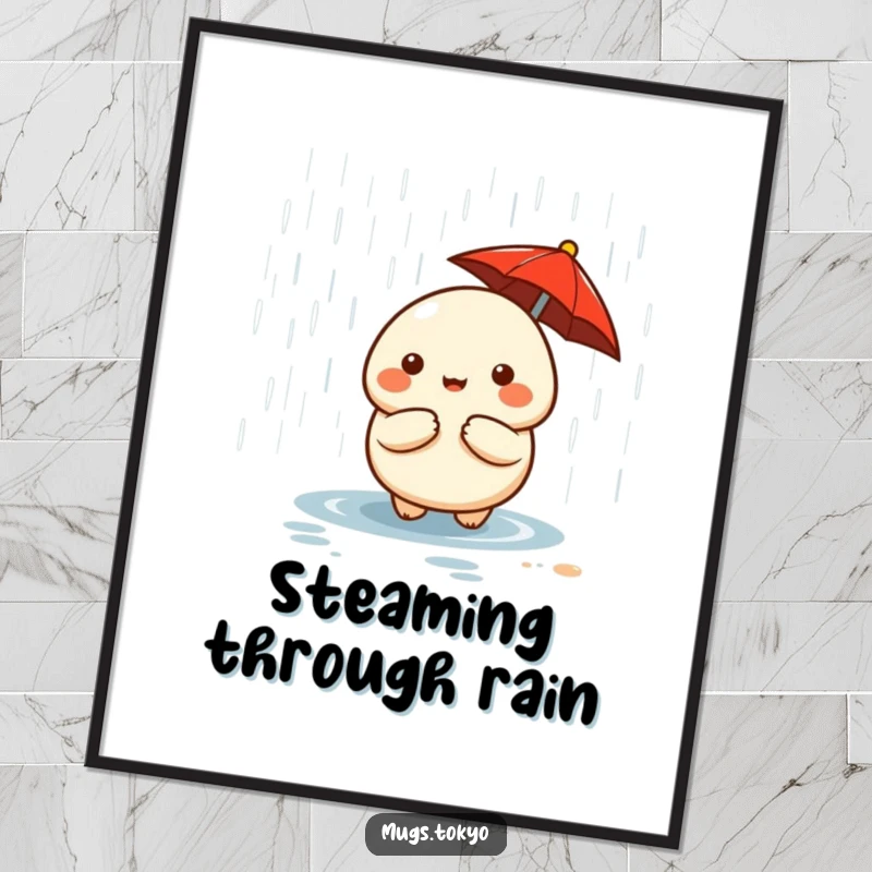 Funny cute dumpling character with a tiny red umbrella, peeking from rain, as digital art.