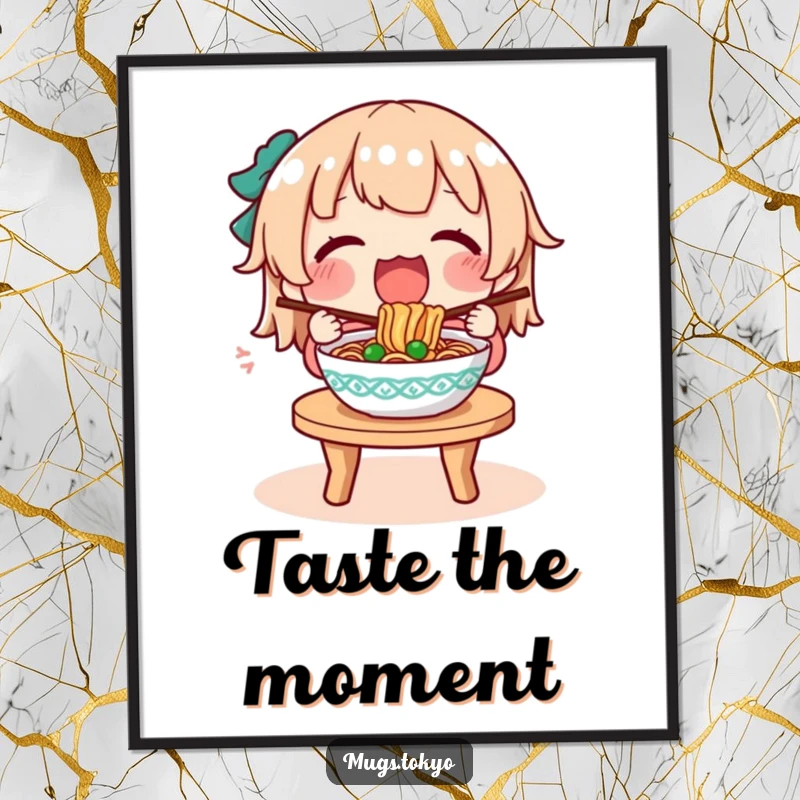 Funny digital art print of a character blissfully enjoying a steaming bowl of noodles at a small table.
