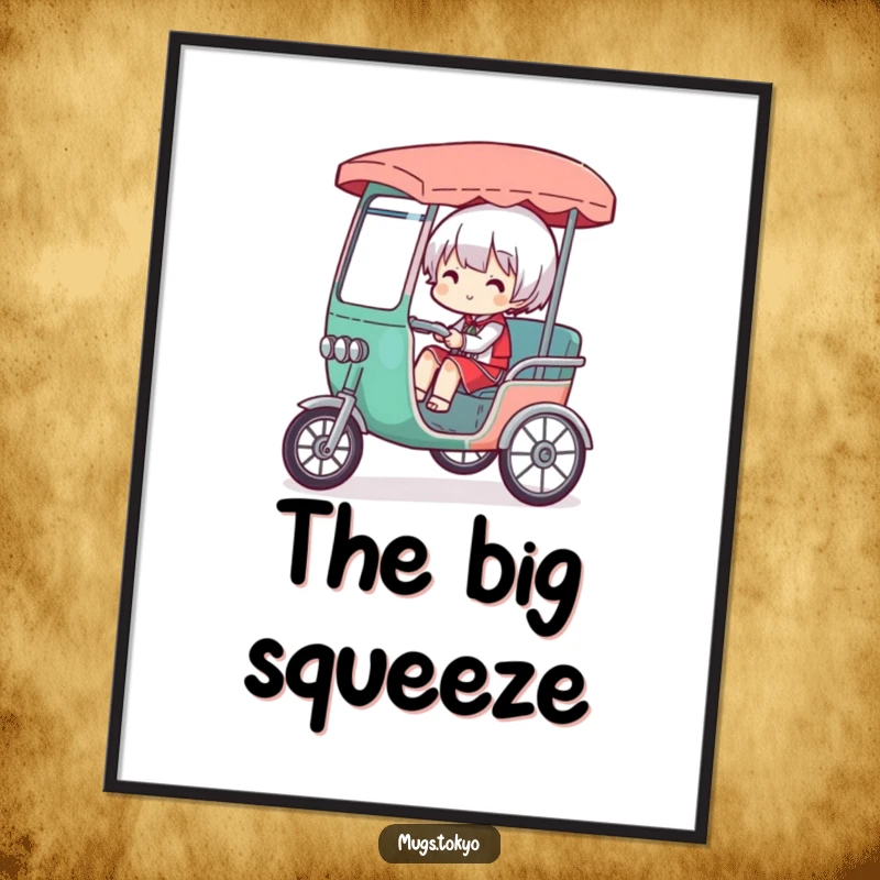 Funny digital art print of a character comically overloaded in a tiny rickshaw, perfect for adding humorous drama and a conversation starter.