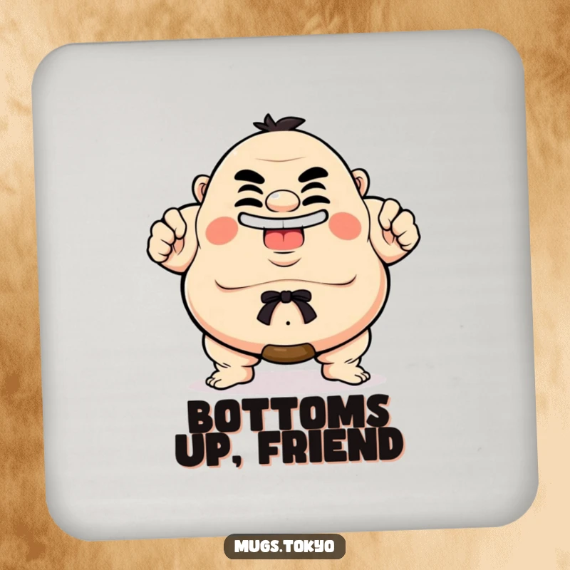 Funny Coasters featuring a proud sumo wrestler character with a hilarious grin, perfect for protecting surfaces with comic flair.