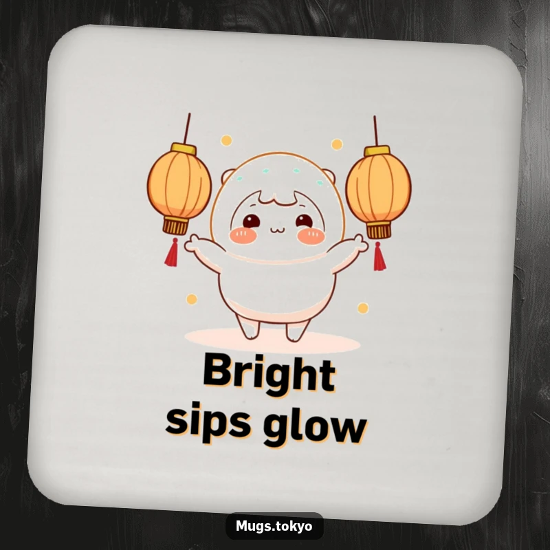 Funny cheerful mochi character juggling glowing lanterns on a protective drink coaster.