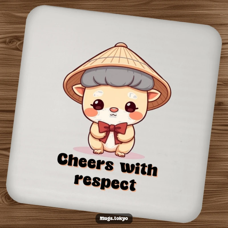 Funny Coaster featuring a cute creature in a Japanese hat bowing shyly, protecting surfaces with polite, humorous style.