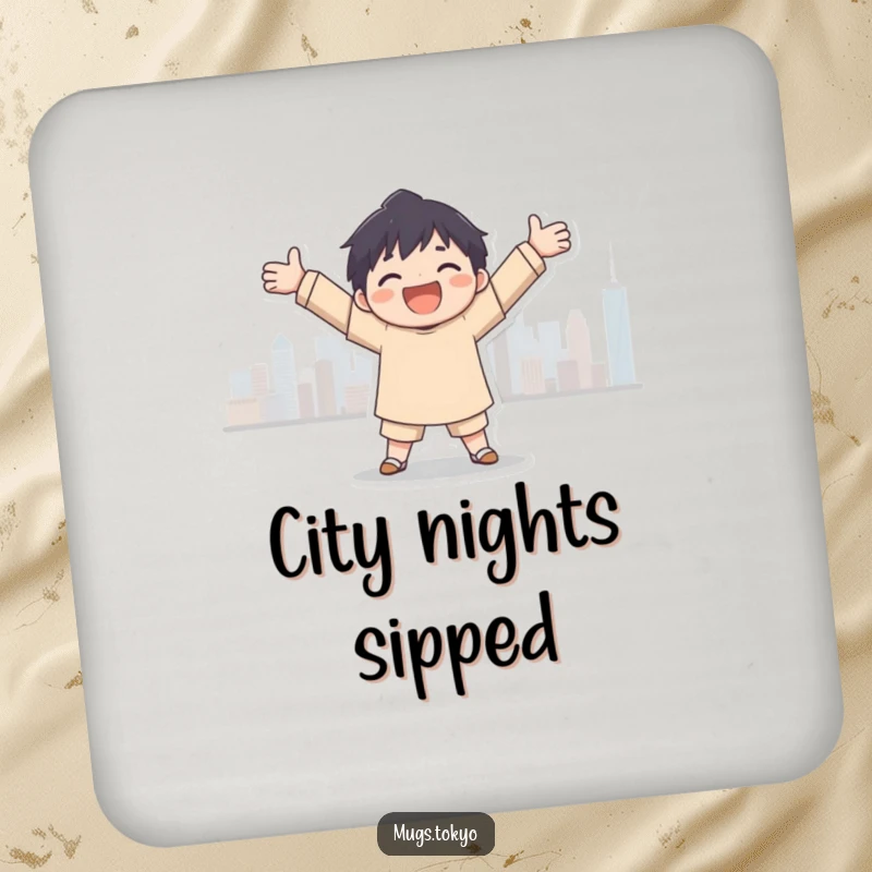 Funny city embrace coaster, a character joyfully embracing a city skyline silhouette, protecting surfaces with urban charm.