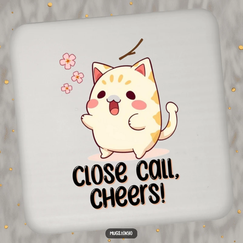 Funny drink coaster with a surprised taiyaki character, wagging tail, narrowly avoiding a falling cherry blossom, adding humor to tables.