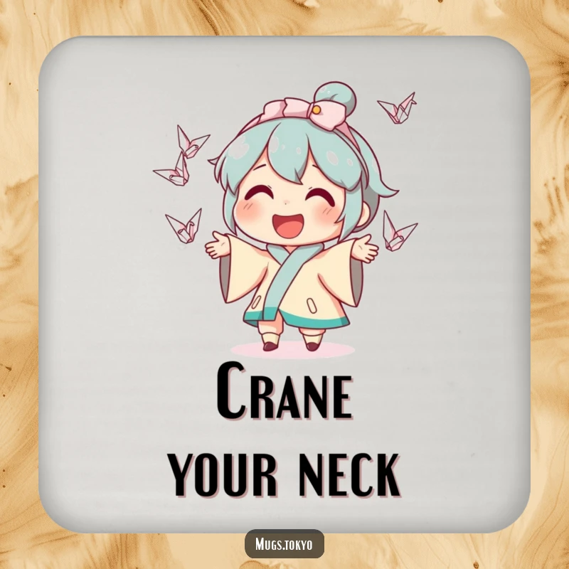 Funny drink coaster with a smiling character juggling miniature colorful origami cranes, adding a touch of whimsical art to tabletops.