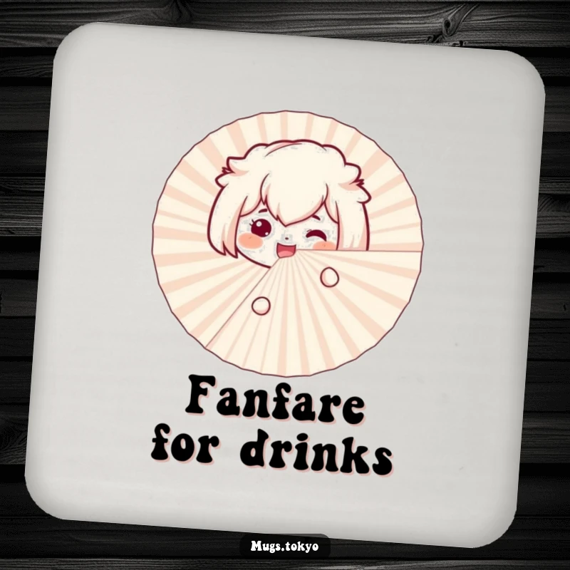 Funny bento box coaster with a smiling character excitedly peeking from behind a large paper fan, for drink protection.