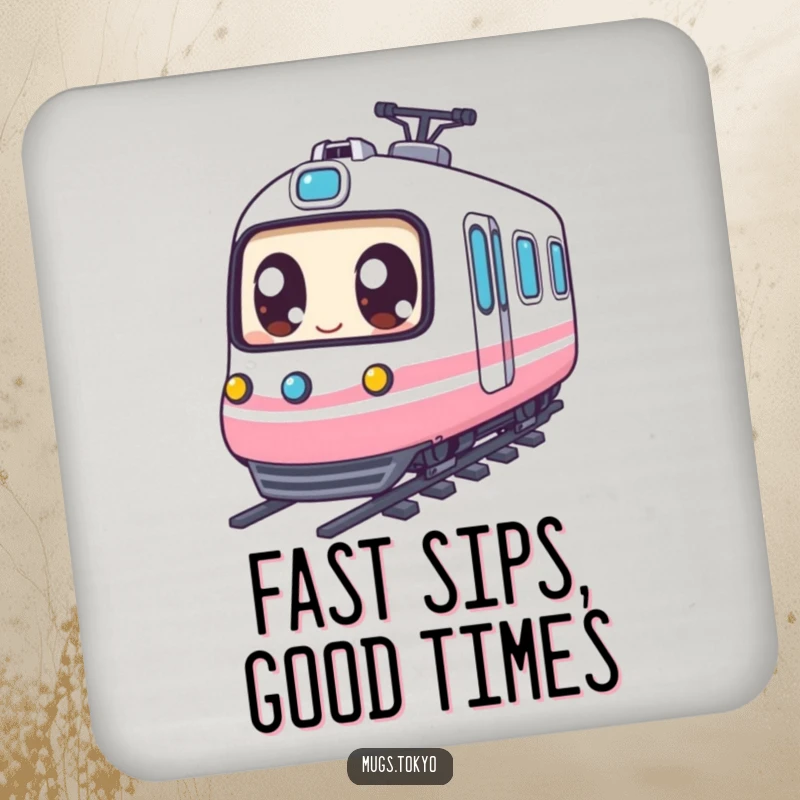 Funny Coaster: Character with large expressive eyes happily riding a miniature bullet train, protecting surfaces with humor.