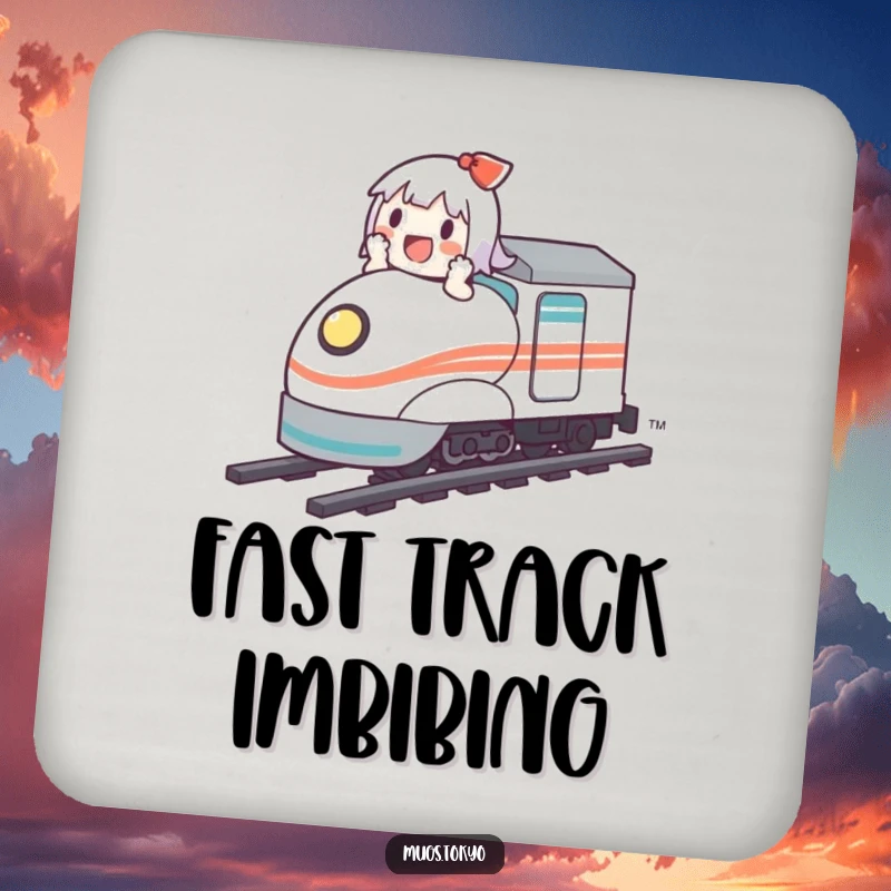 Funny drink coaster with a cute character gleefully riding a miniature bullet train, adding humor to surfaces.