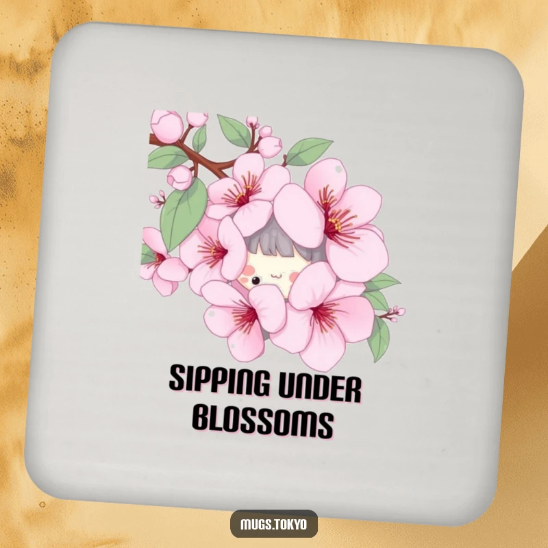 Funny coaster with a playful character peeking from behind a stylized cherry blossom, protecting surfaces with spring charm.