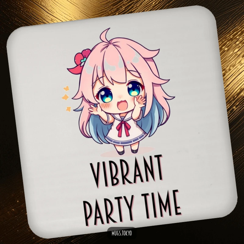 Funny character with vibrant, colorful hair making excited gestures on a decorative and humorous drink coaster.