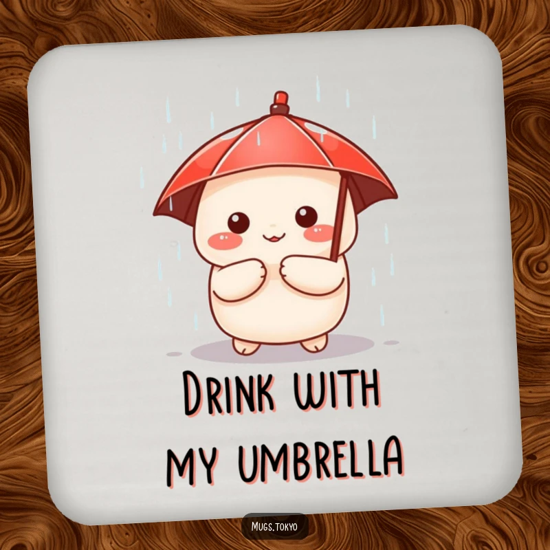 Funny drink coaster with a cute dumpling character holding a tiny red umbrella, peeking from the rain, adding charm to tables.