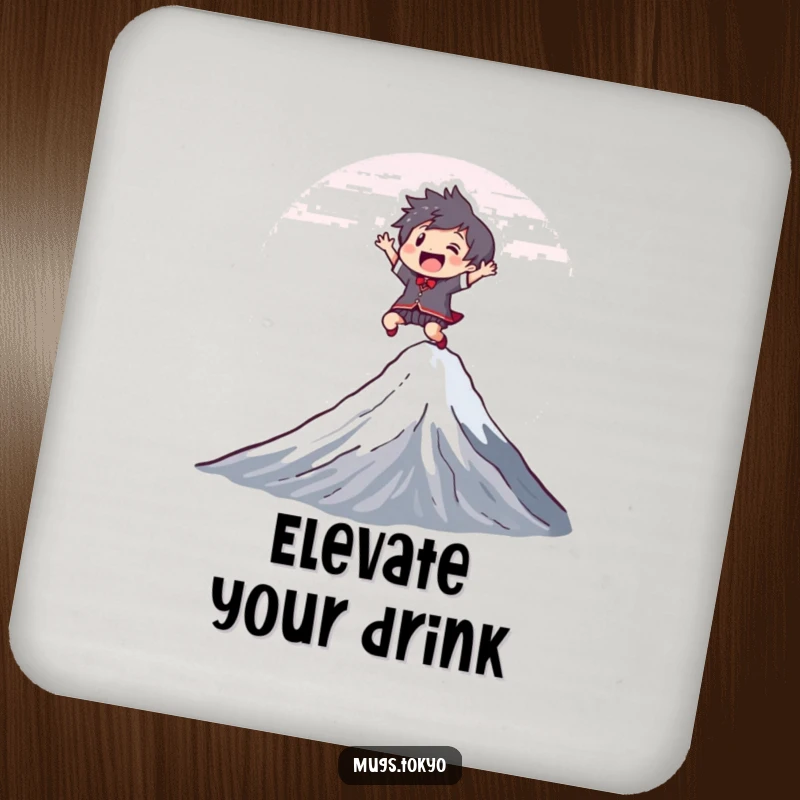 Funny Coasters showing a joyful character leaping over Mount Fuji, perfect for protecting surfaces with adventurous humor.